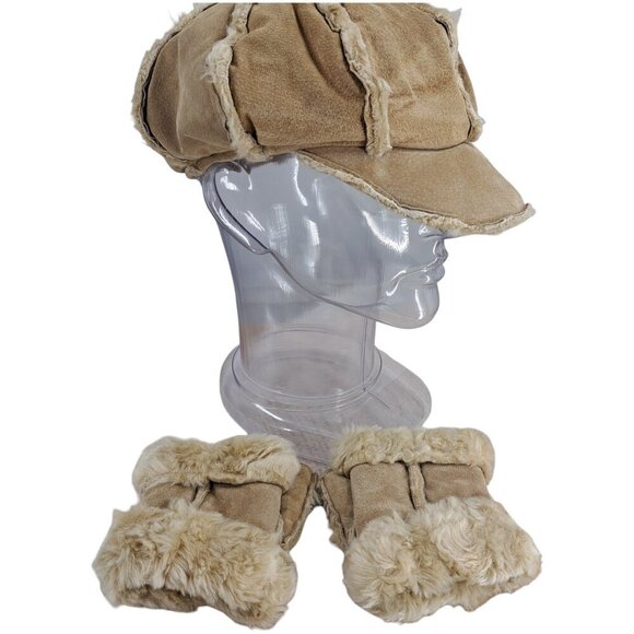 Vintage Wilsons Leather Suede Half Gloves Newsboy Cap Hat Size S/M Faux Fur Y2K main image 11